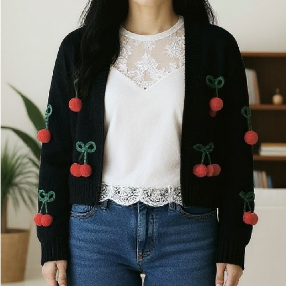 Cherry black cardigan one size